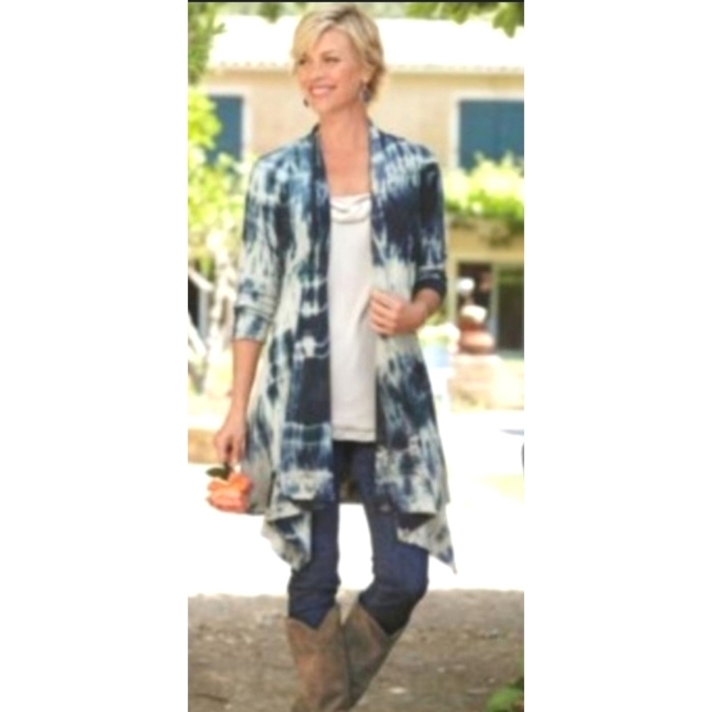 Soft Surroundings open waterfall blue tie dye cardigan sweater Size S